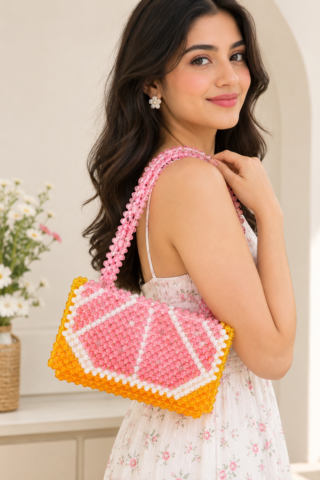 Pink & Orange Crystal Beaded Statement Handbag