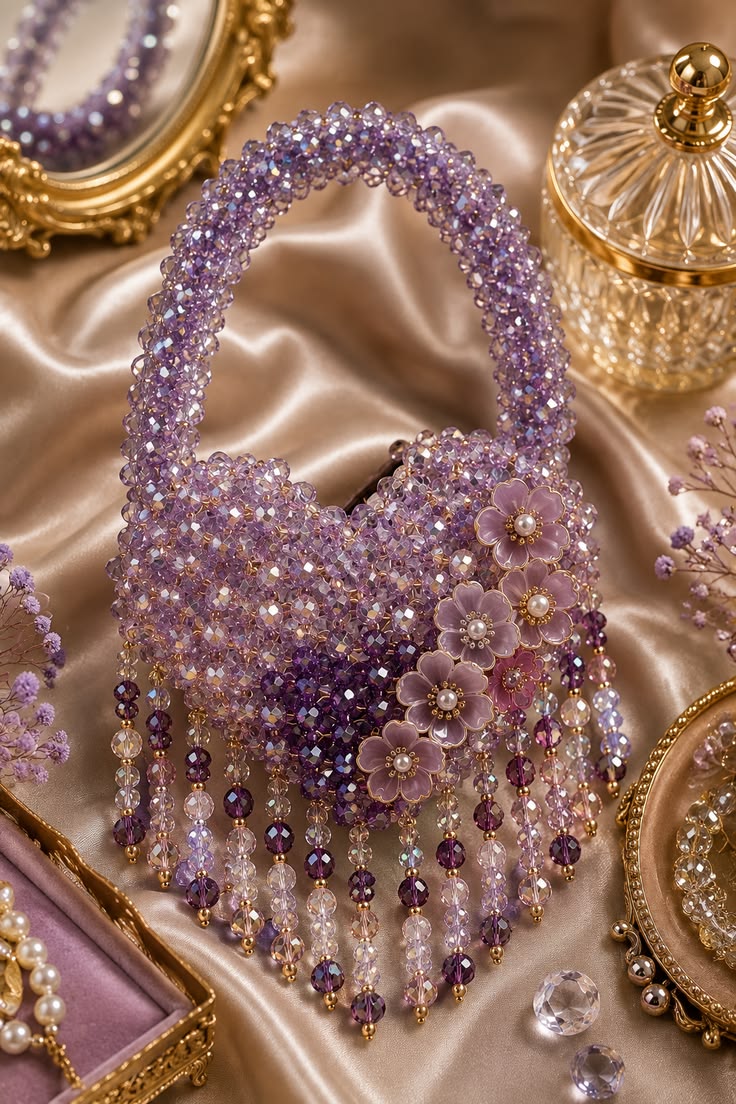 Luxury Lavender Crystal Beaded Handbag