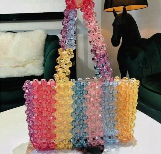 Pastel Rainbow Crystal Beaded Tote Bag