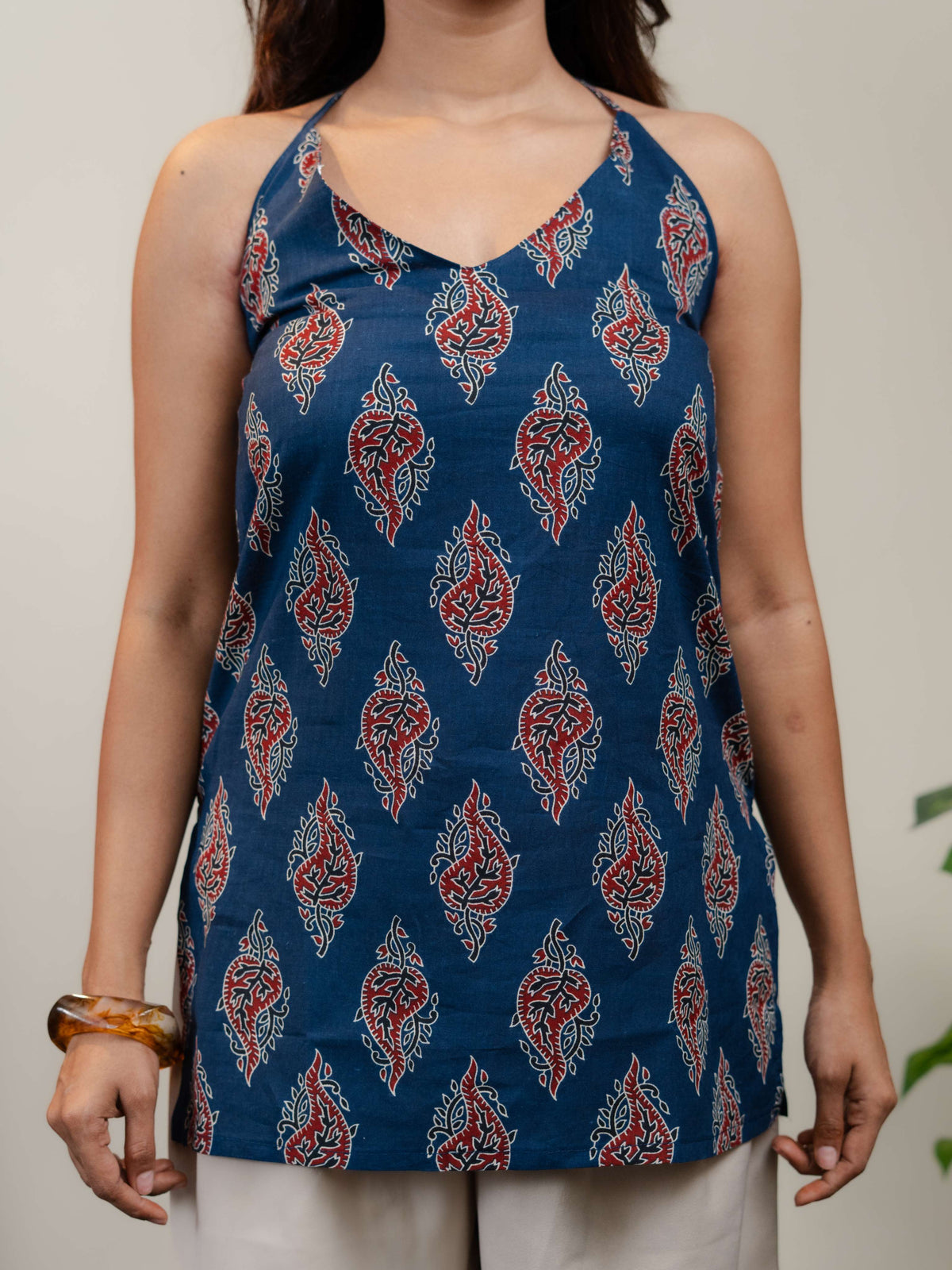 Navy Blue Halter Neck Printed Kurti for Women with Red & White Ethnic Motifs