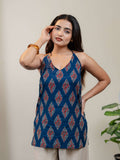 Navy Blue Halter Neck Printed Kurti for Women with Red & White Ethnic Motifs