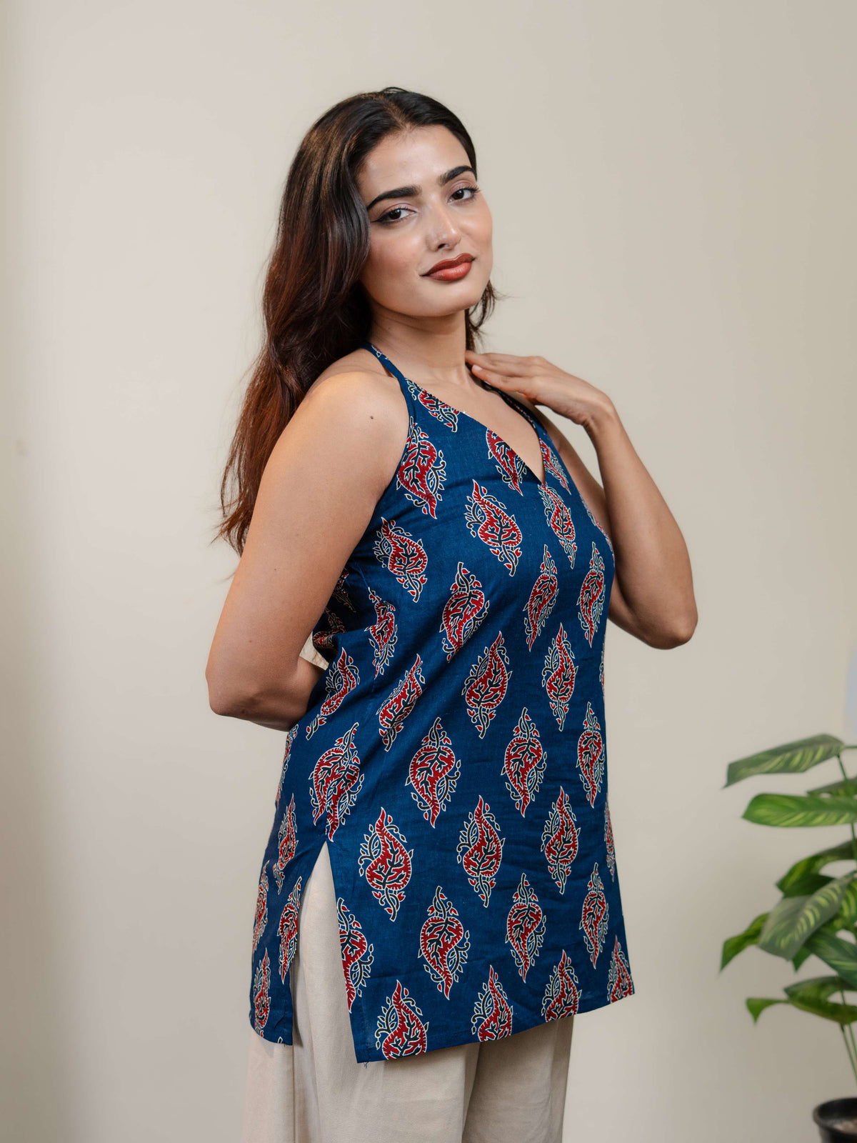 Navy Blue Halter Neck Printed Kurti for Women with Red & White Ethnic Motifs