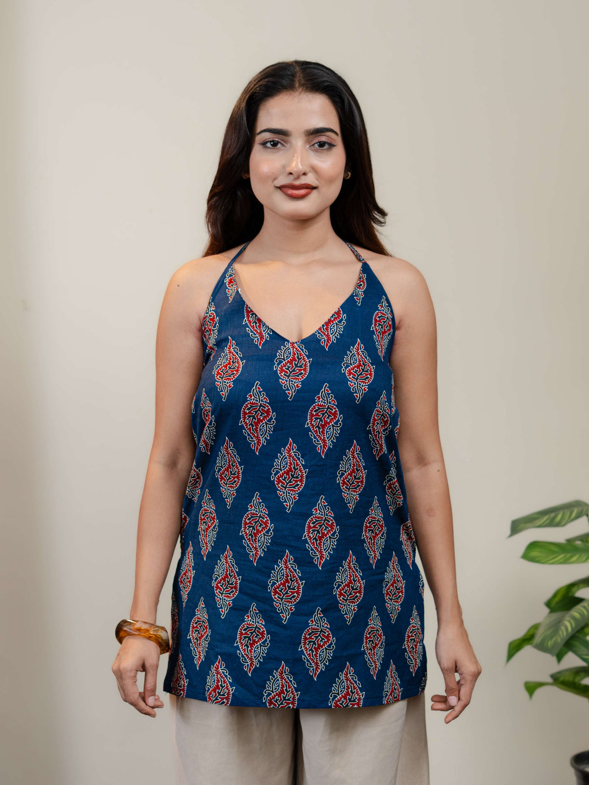 Navy Blue Halter Neck Printed Kurti for Women with Red & White Ethnic Motifs
