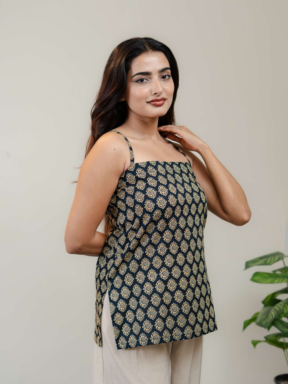 **Black Printed Sleeveless Kurti for Women with Square Neck & Lace-Up Back Design**
