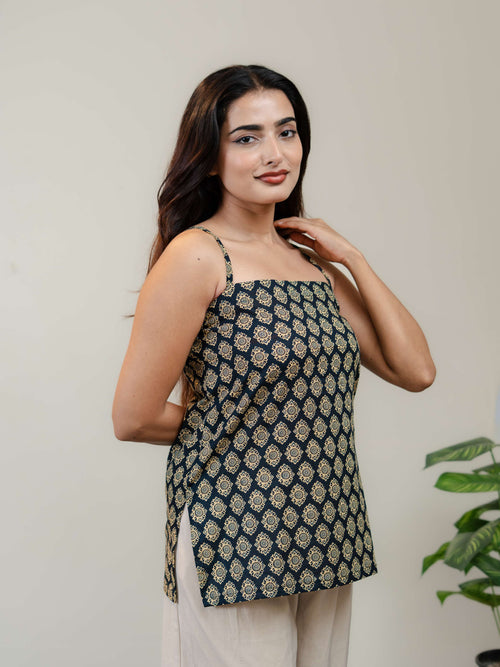 **Black Printed Sleeveless Kurti for Women with Square Neck & Lace-Up Back Design**