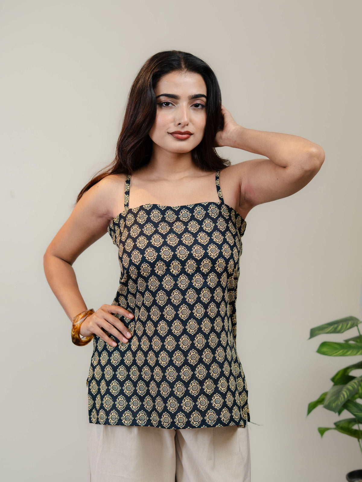 **Black Printed Sleeveless Kurti for Women with Square Neck & Lace-Up Back Design**