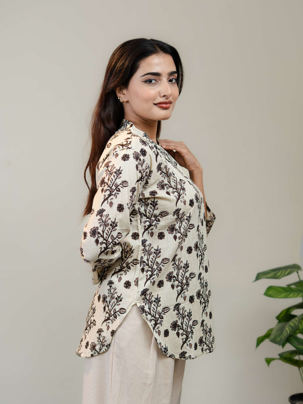 Ivory Floral Printed Kurti for Women with Round Neck & Three-Quarter Sleeves