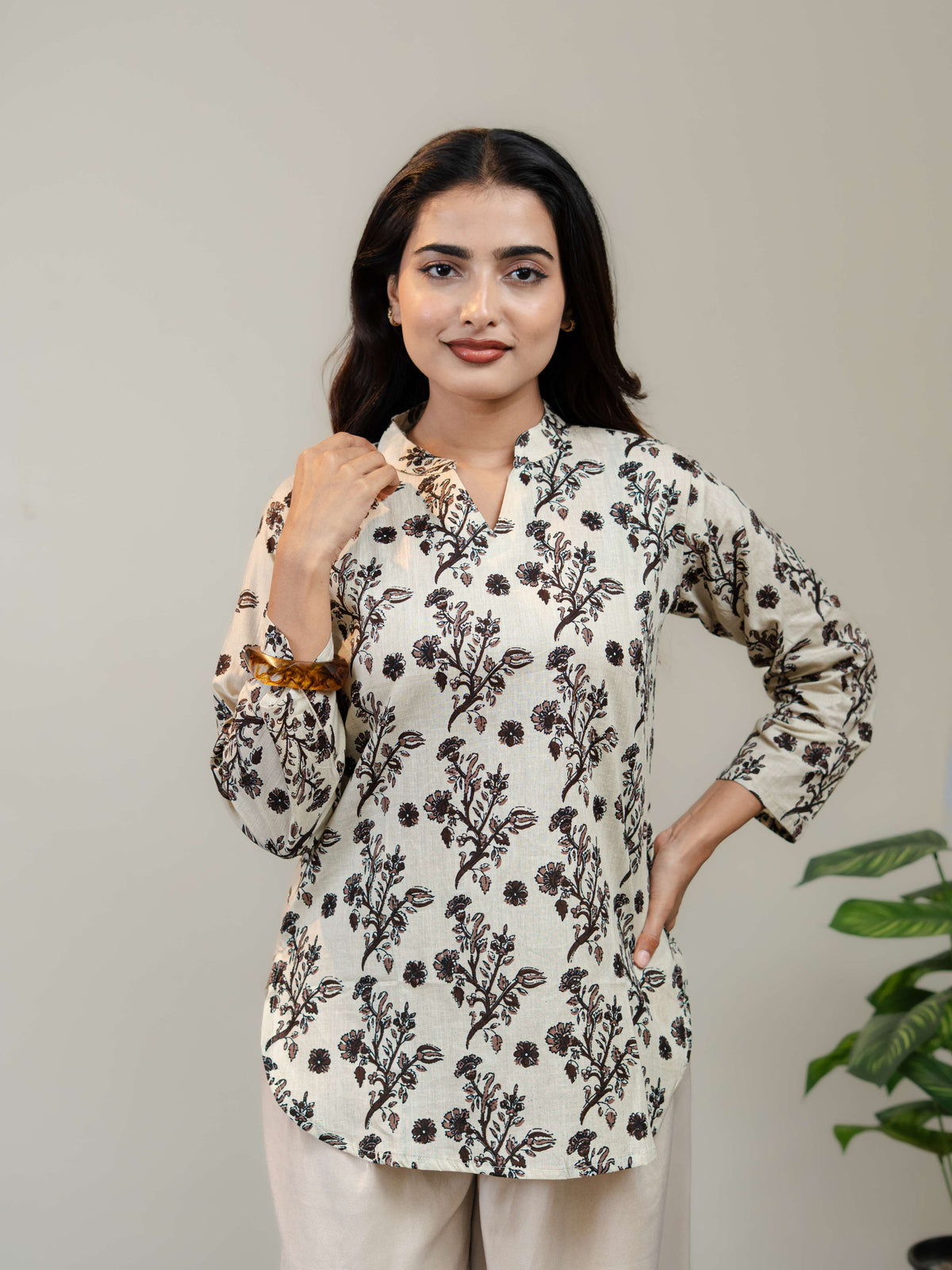 Ivory Floral Printed Kurti for Women with Round Neck & Three-Quarter Sleeves