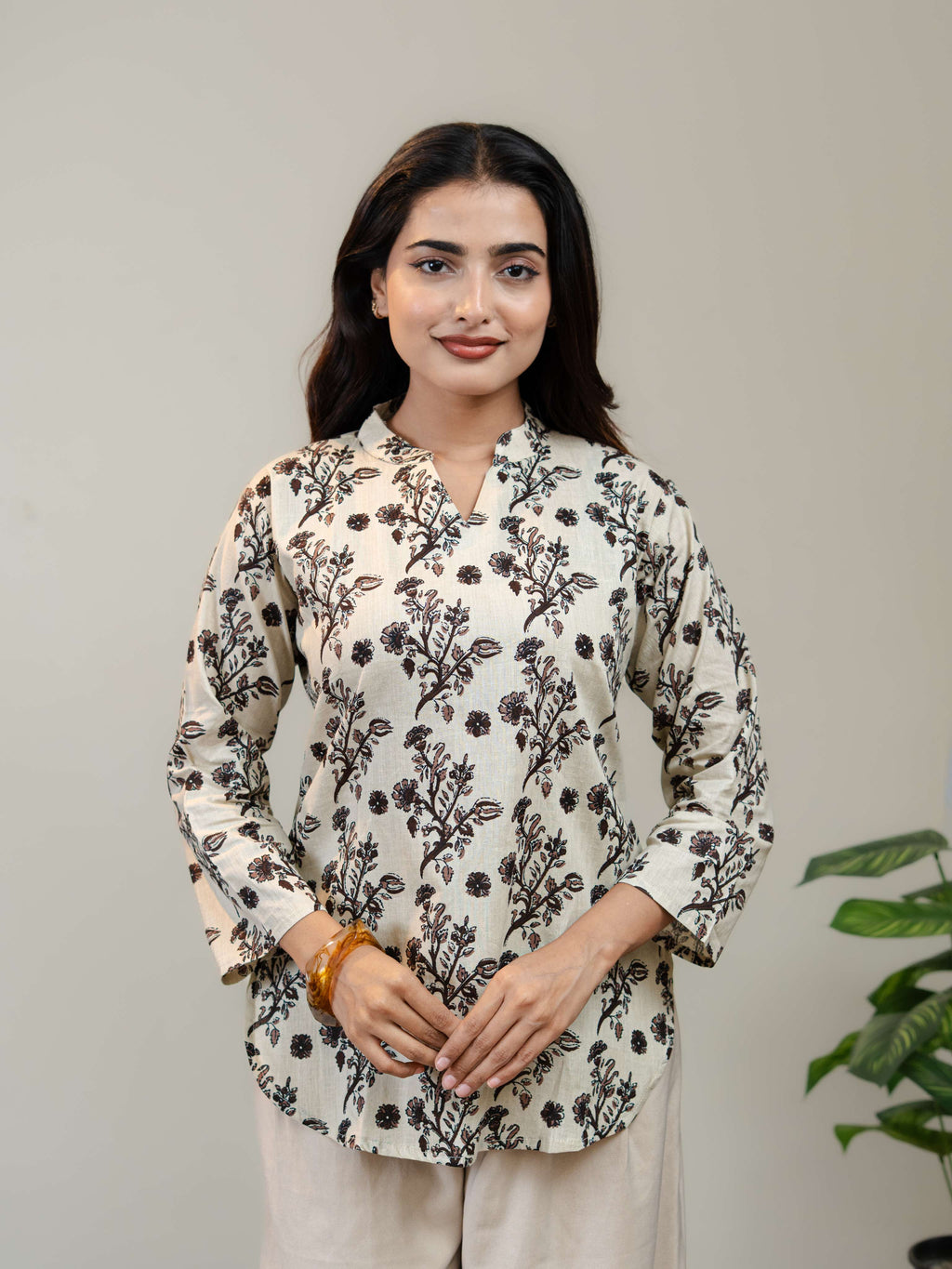 Ivory Floral Printed Kurti for Women with Round Neck & Three-Quarter Sleeves