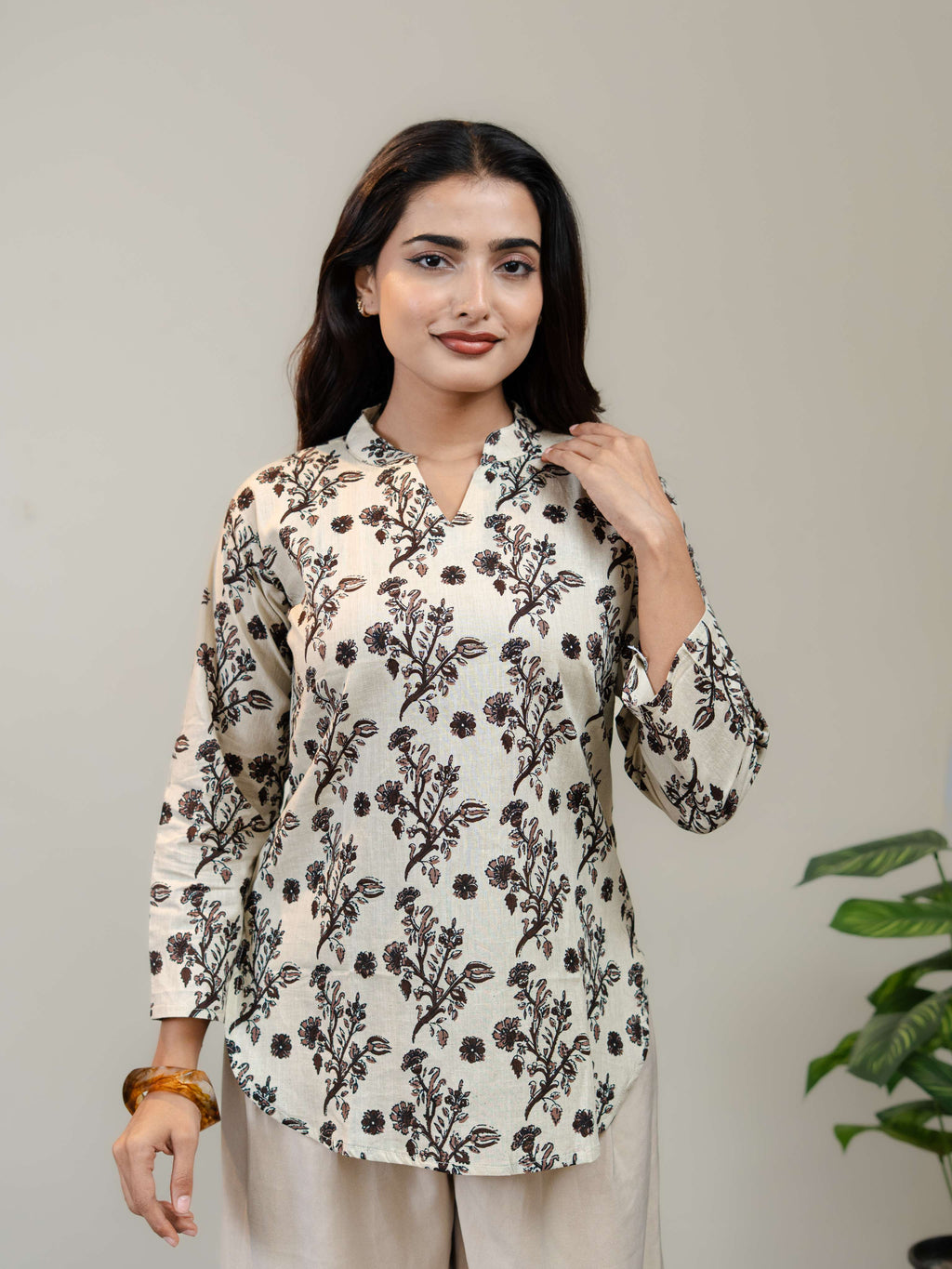 Ivory Floral Printed Kurti for Women with Round Neck & Three-Quarter Sleeves