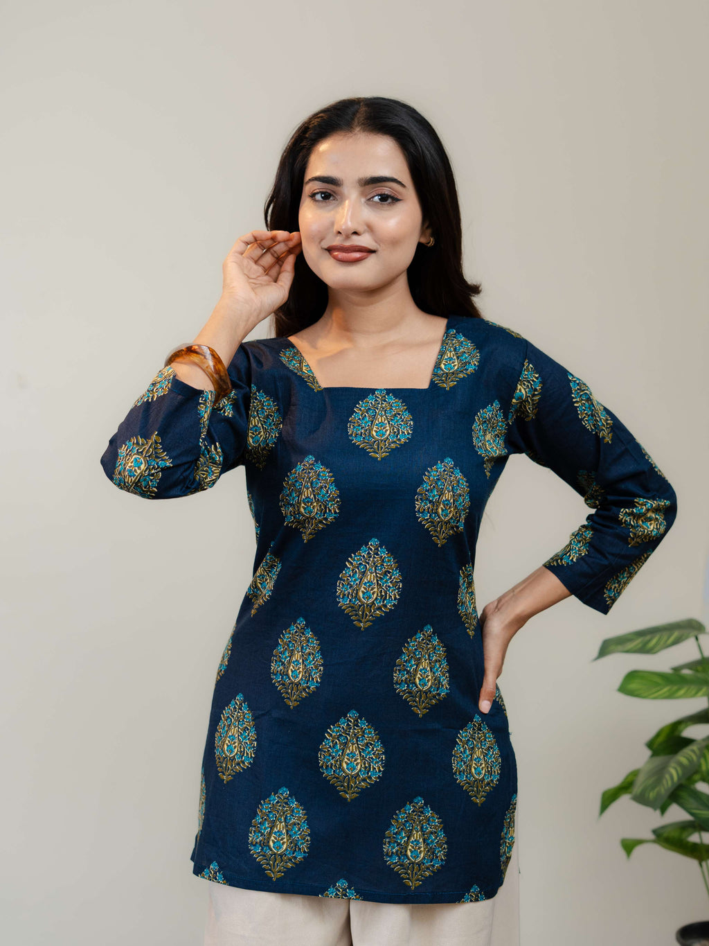 Navy Blue Printed Kurti for Women with Square Neck & Lace-Up Back