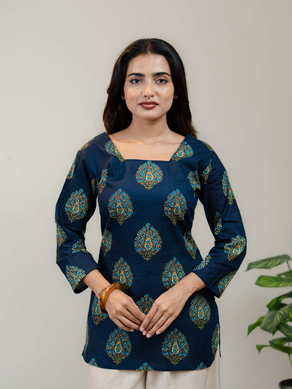 Navy Blue Printed Kurti for Women with Square Neck & Lace-Up Back