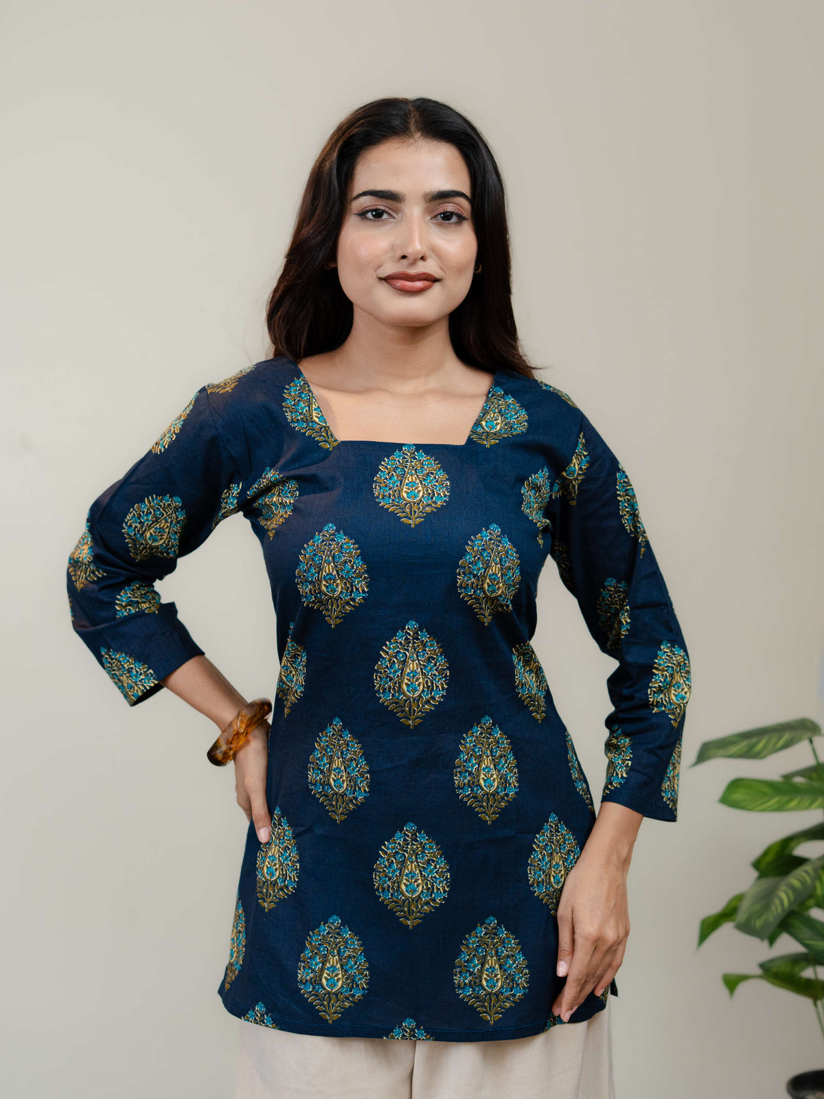 Navy Blue Printed Kurti for Women with Square Neck & Lace-Up Back