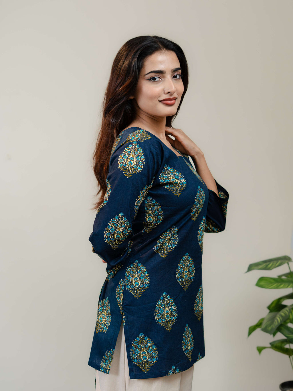 Navy Blue Printed Kurti for Women with Square Neck & Lace-Up Back