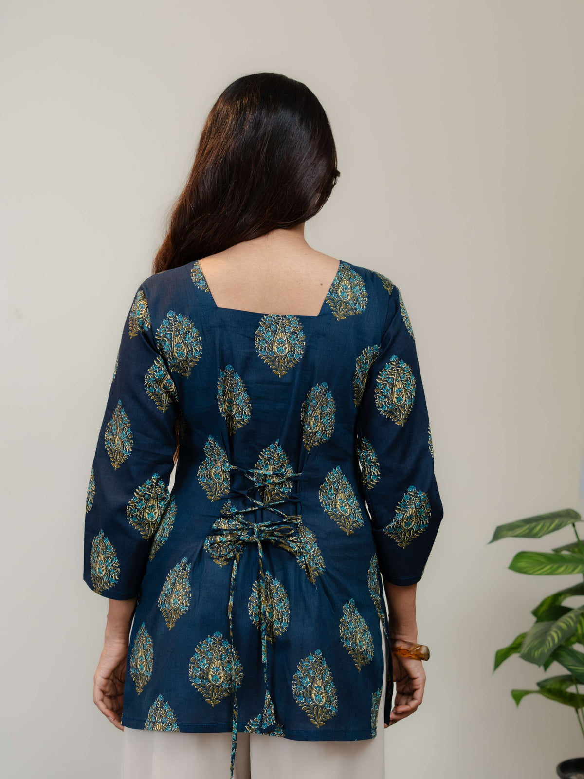 Navy Blue Printed Kurti for Women with Square Neck & Lace-Up Back