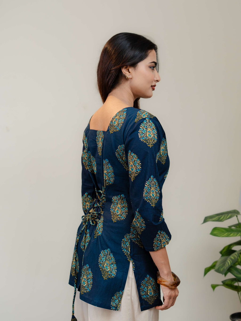 Navy Blue Printed Kurti for Women with Square Neck & Lace-Up Back