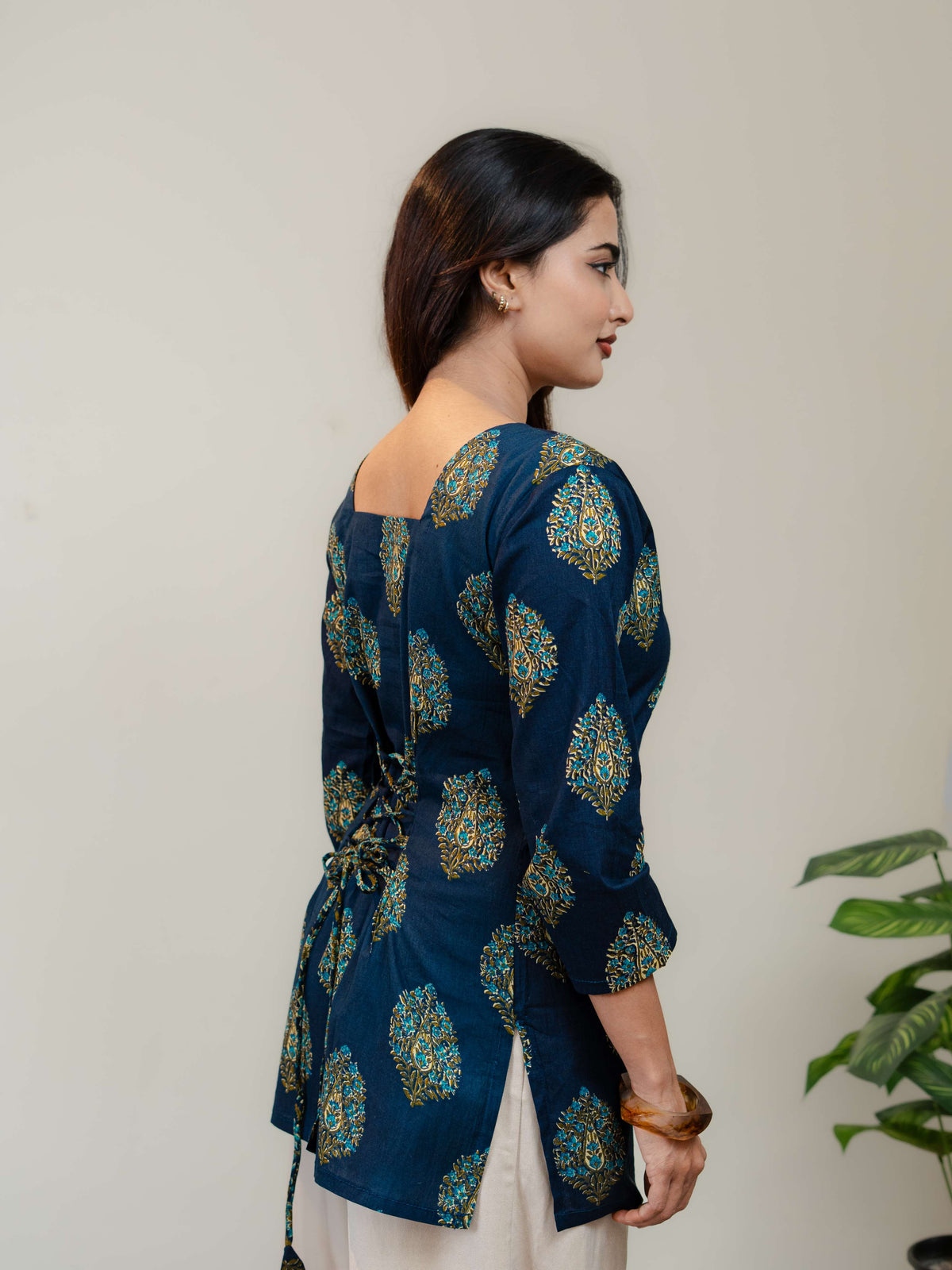 Navy Blue Printed Kurti for Women with Square Neck & Lace-Up Back