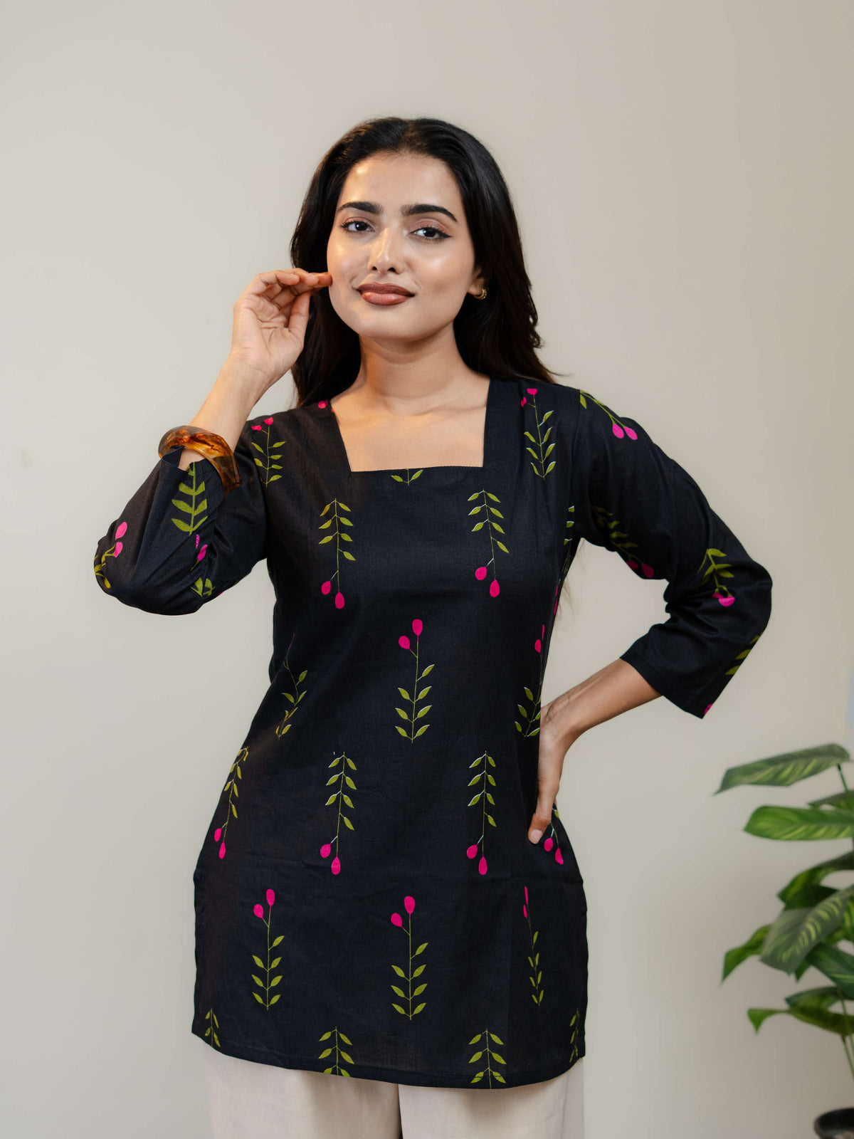 Black Floral Printed Kurti for Women with Square Neck & Three-Quarter Sleeves