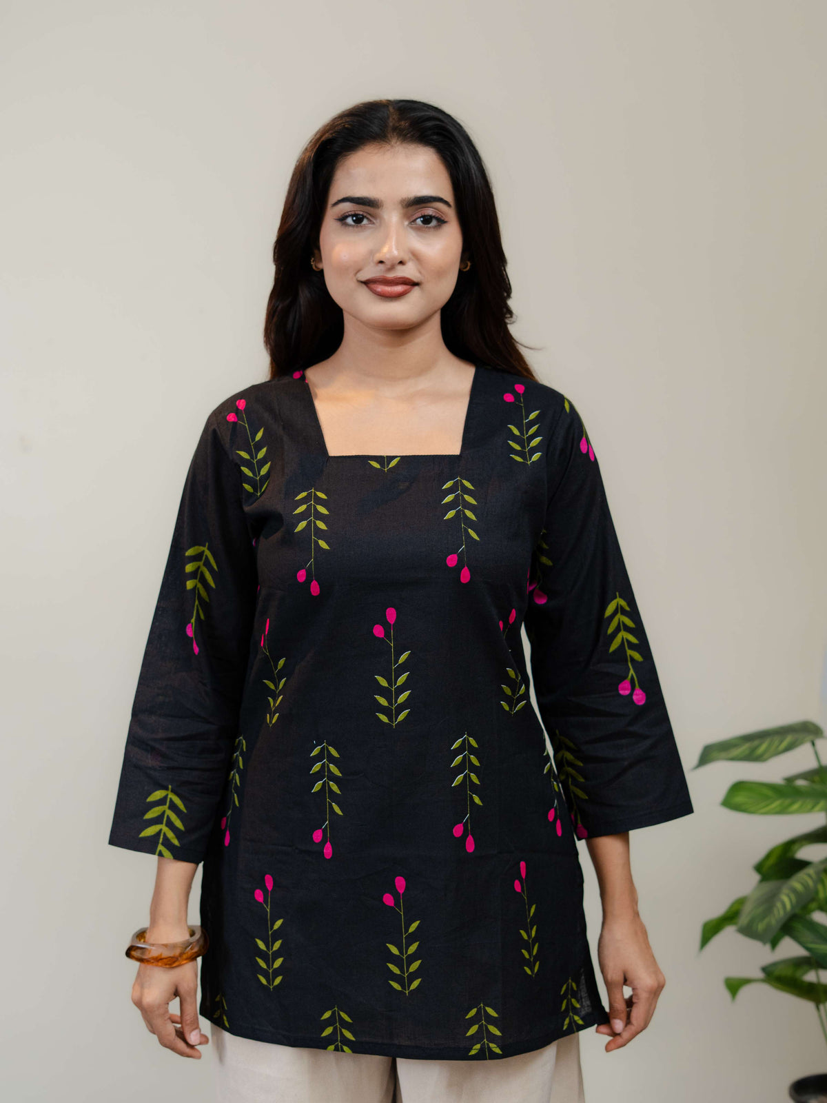 Black Floral Printed Kurti for Women with Square Neck & Three-Quarter Sleeves