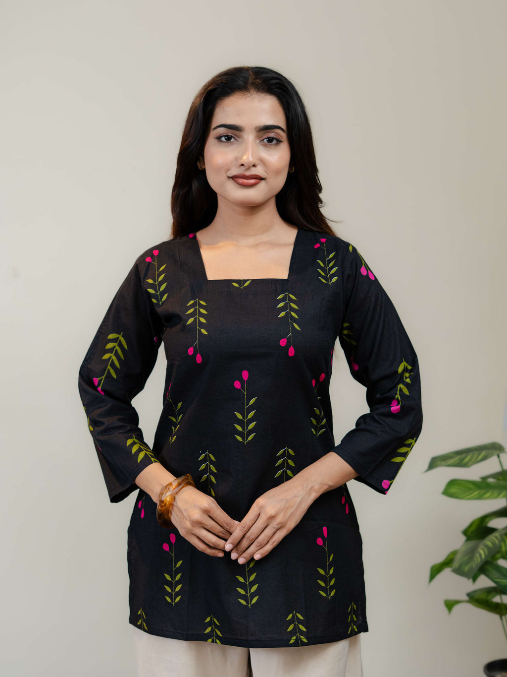 Black Floral Printed Kurti for Women with Square Neck & Three-Quarter Sleeves