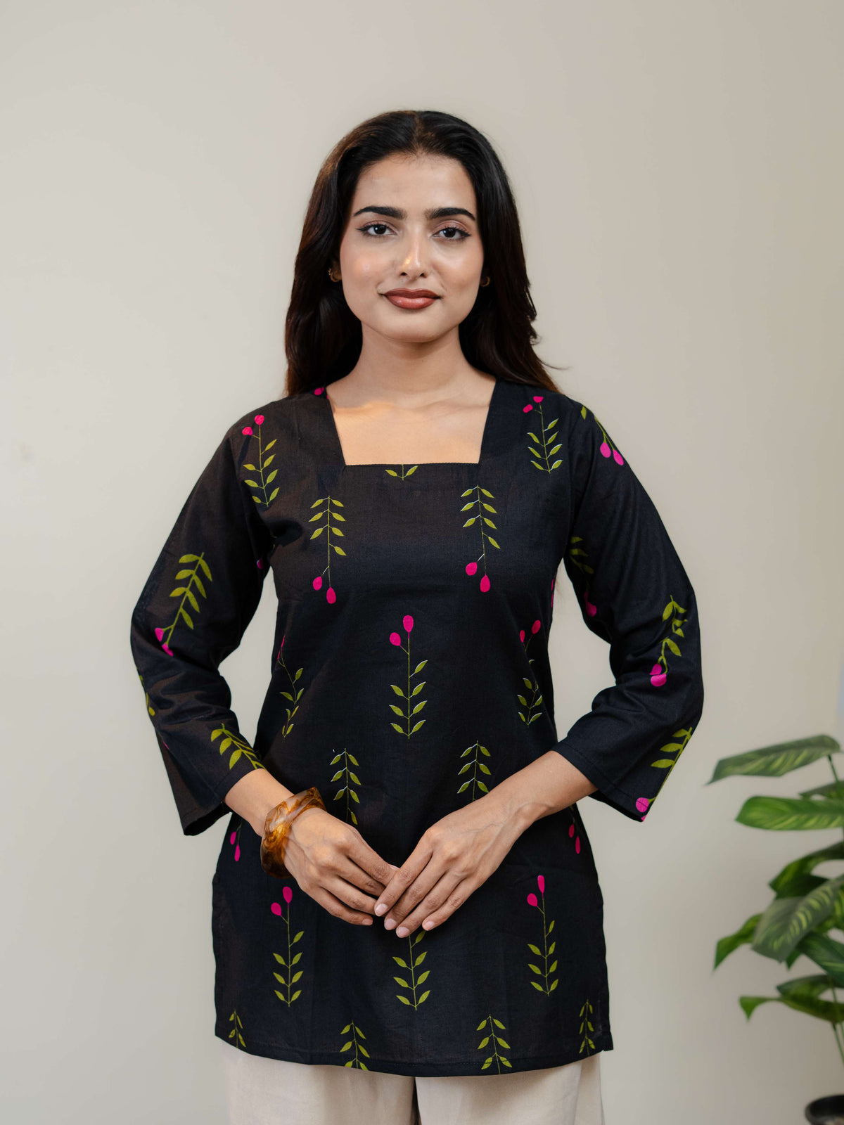 Black Floral Printed Kurti for Women with Square Neck & Three-Quarter Sleeves