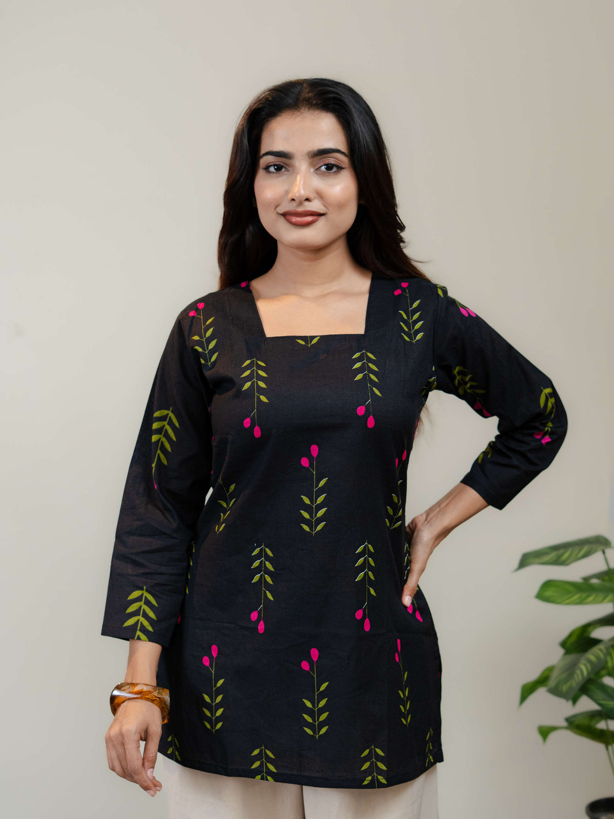 Black Floral Printed Kurti for Women with Square Neck & Three-Quarter Sleeves