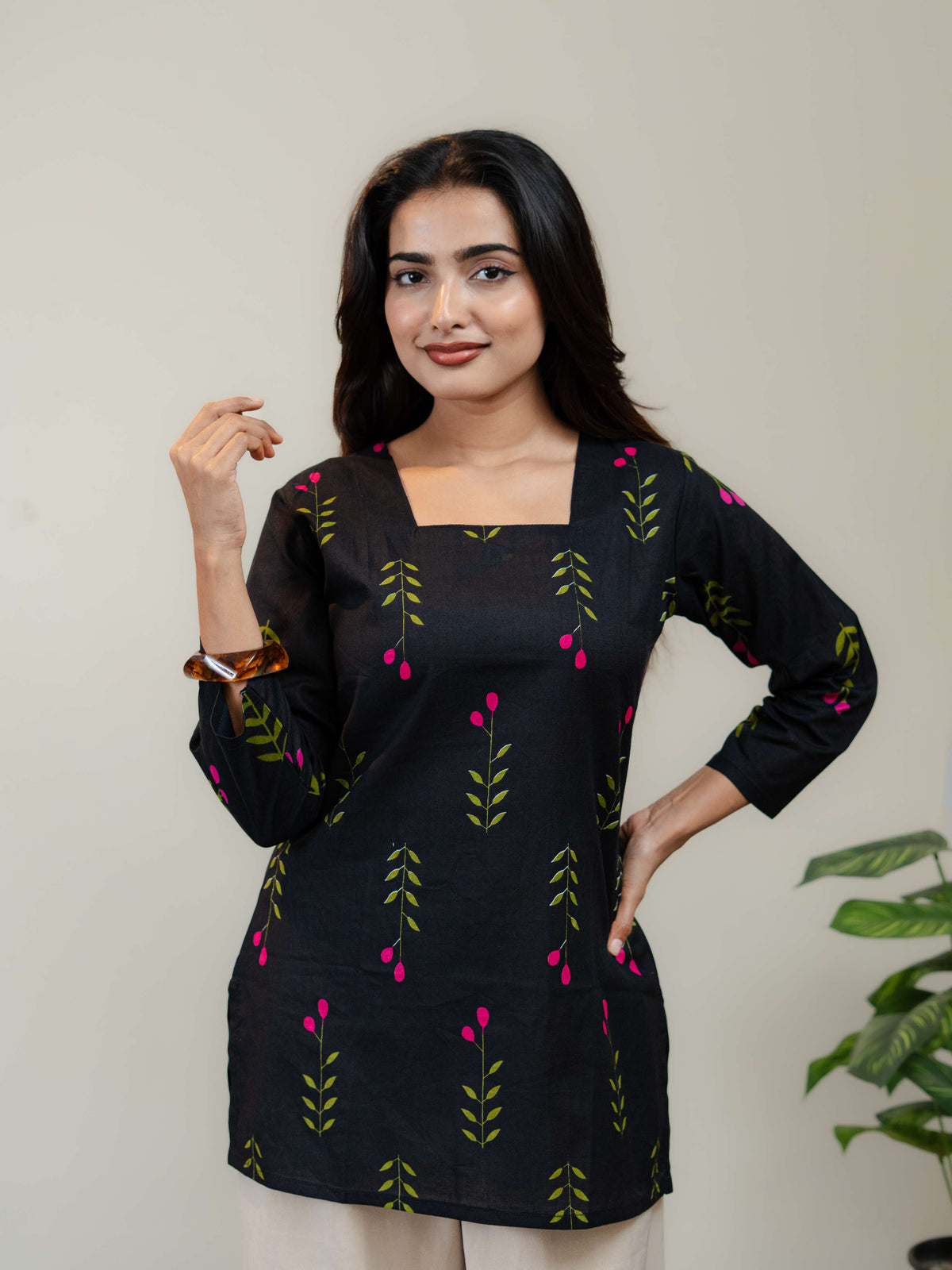 Black Floral Printed Kurti for Women with Square Neck & Three-Quarter Sleeves