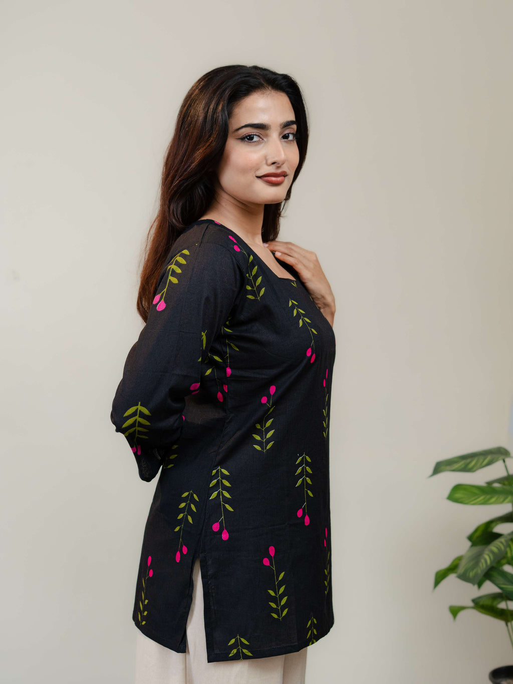Black Floral Printed Kurti for Women with Square Neck & Three-Quarter Sleeves