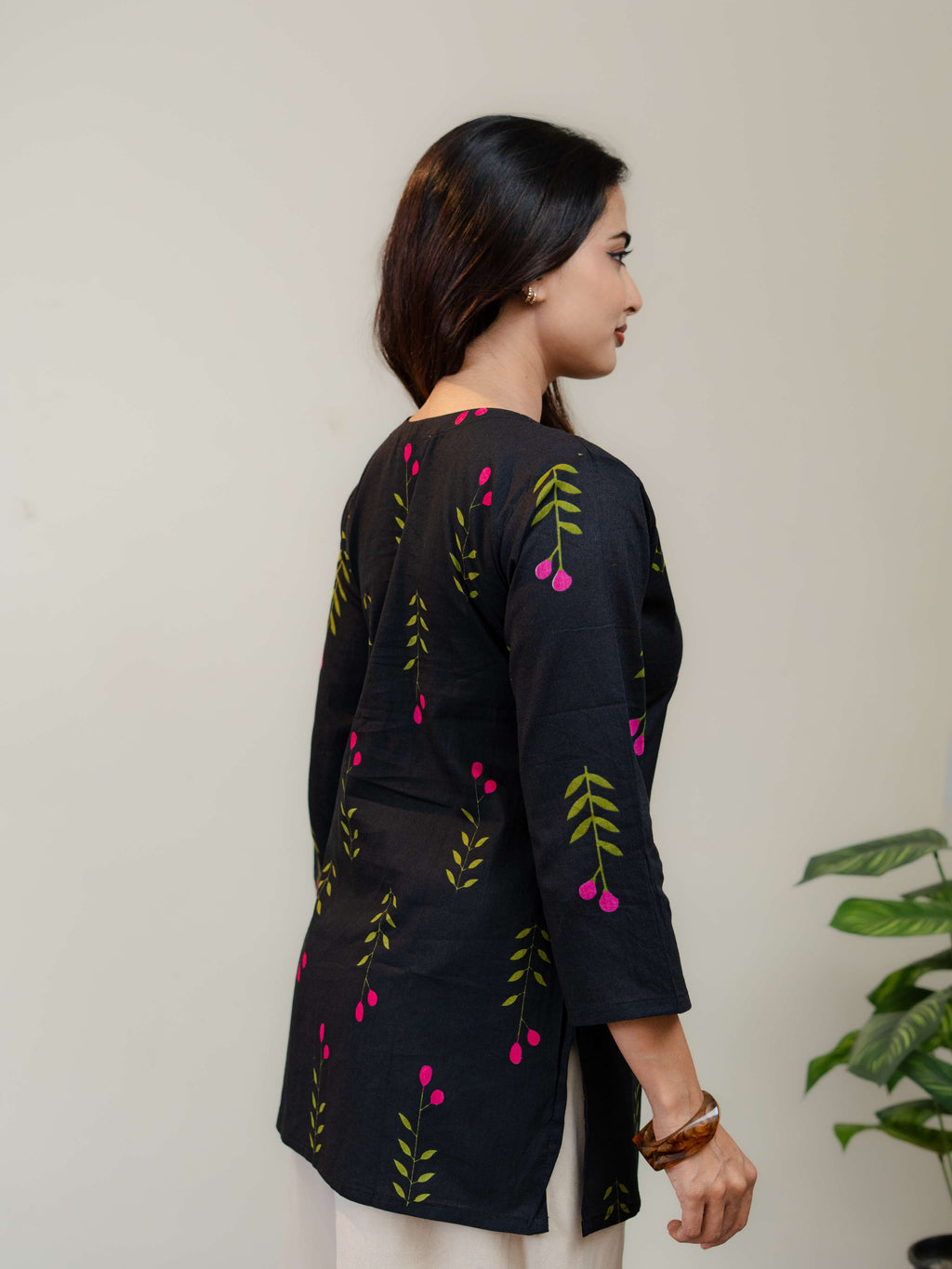 Black Floral Printed Kurti for Women with Square Neck & Three-Quarter Sleeves