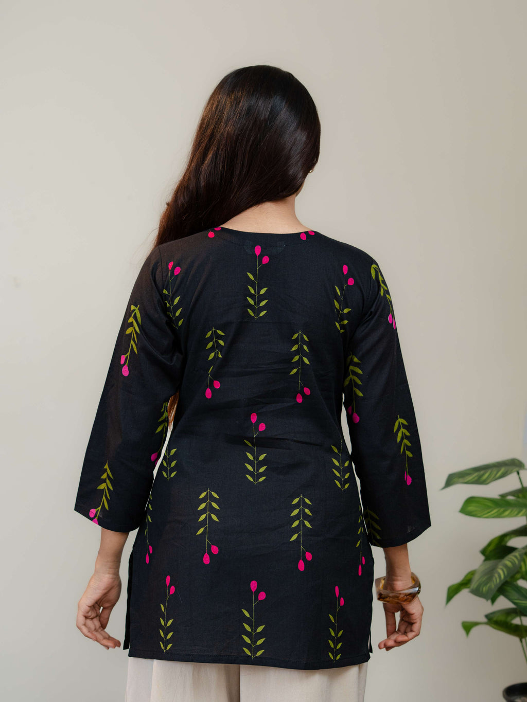 Black Floral Printed Kurti for Women with Square Neck & Three-Quarter Sleeves