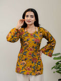 Mustard Yellow Floral Printed Kurti for Women with Square Neck & Lace-Up Back