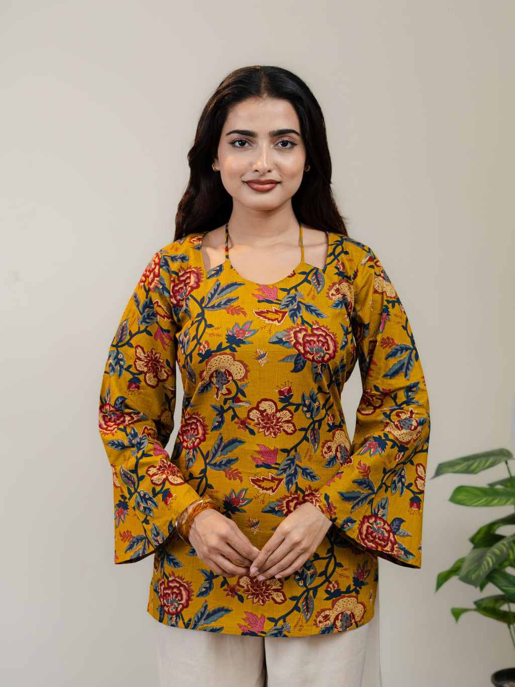 Mustard Yellow Floral Printed Kurti for Women with Square Neck & Lace-Up Back