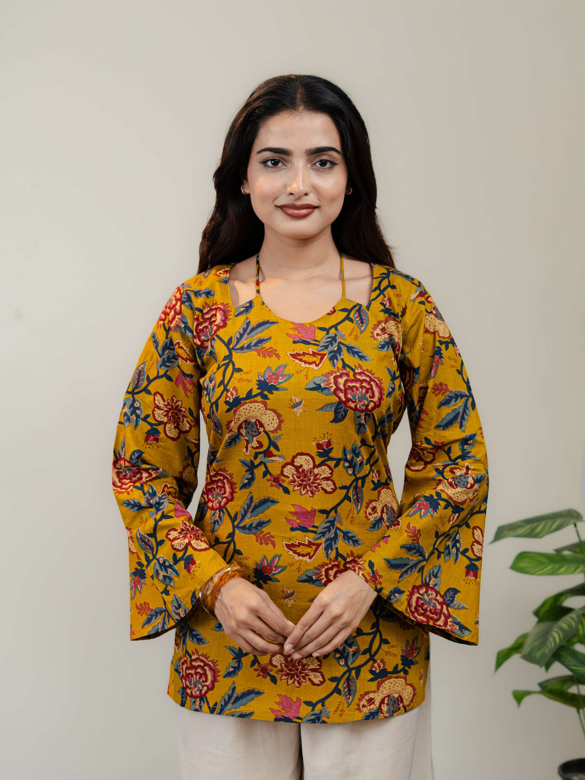 Mustard Yellow Floral Printed Kurti for Women with Square Neck & Lace-Up Back