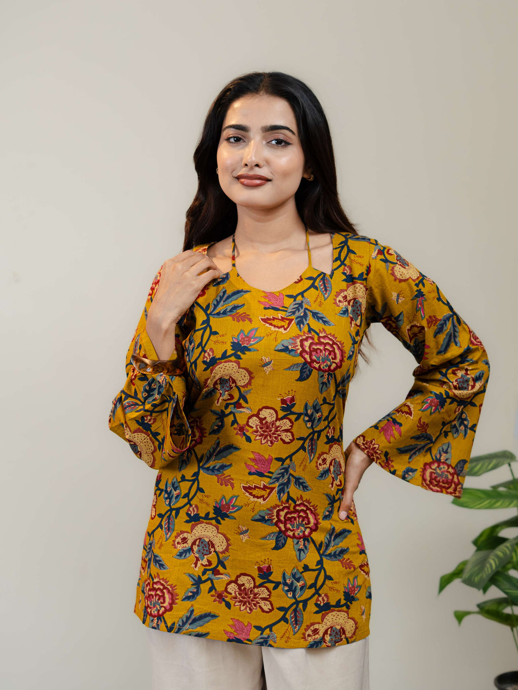 Mustard Yellow Floral Printed Kurti for Women with Square Neck & Lace-Up Back
