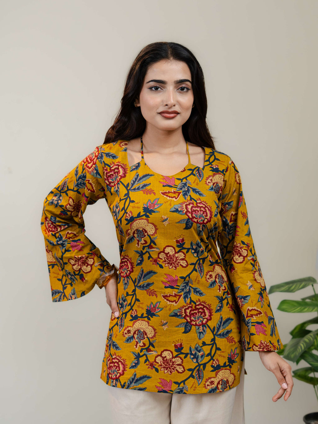 Mustard Yellow Floral Printed Kurti for Women with Square Neck & Lace-Up Back