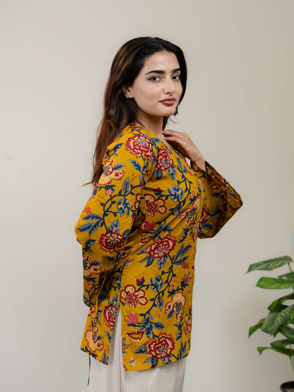 Mustard Yellow Floral Printed Kurti for Women with Square Neck & Lace-Up Back