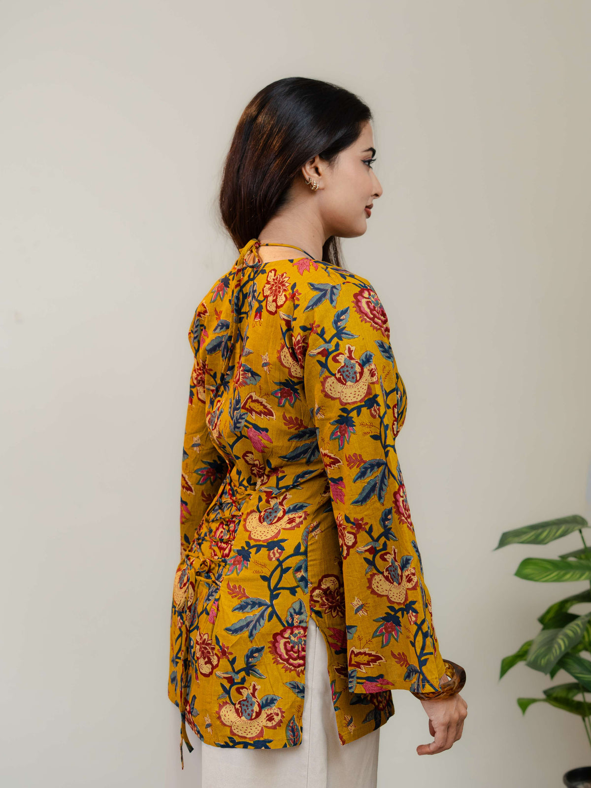 Mustard Yellow Floral Printed Kurti for Women with Square Neck & Lace-Up Back