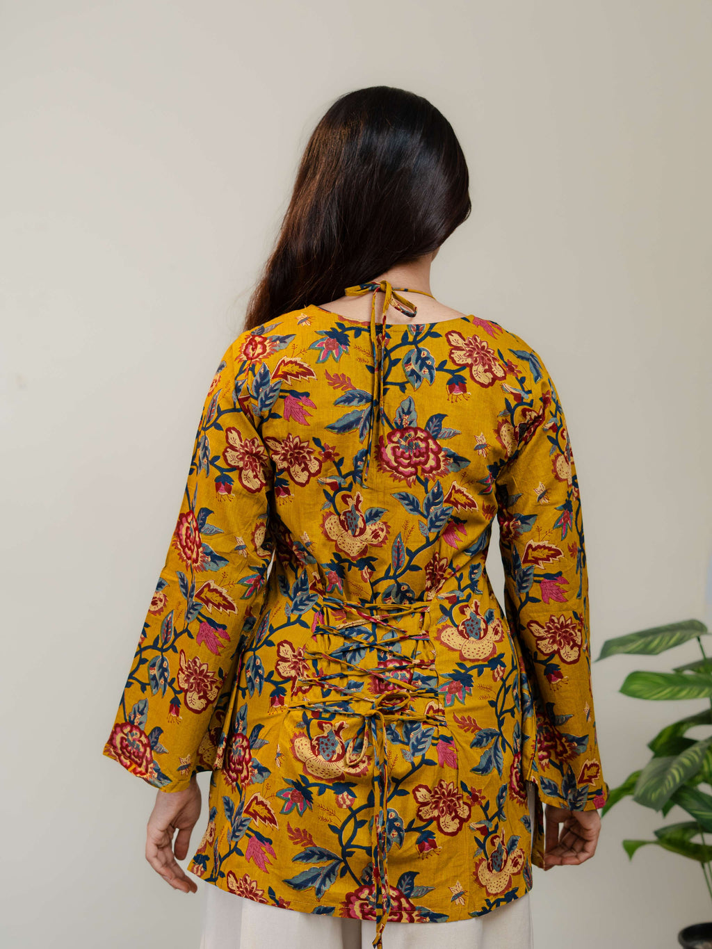 Mustard Yellow Floral Printed Kurti for Women with Square Neck & Lace-Up Back
