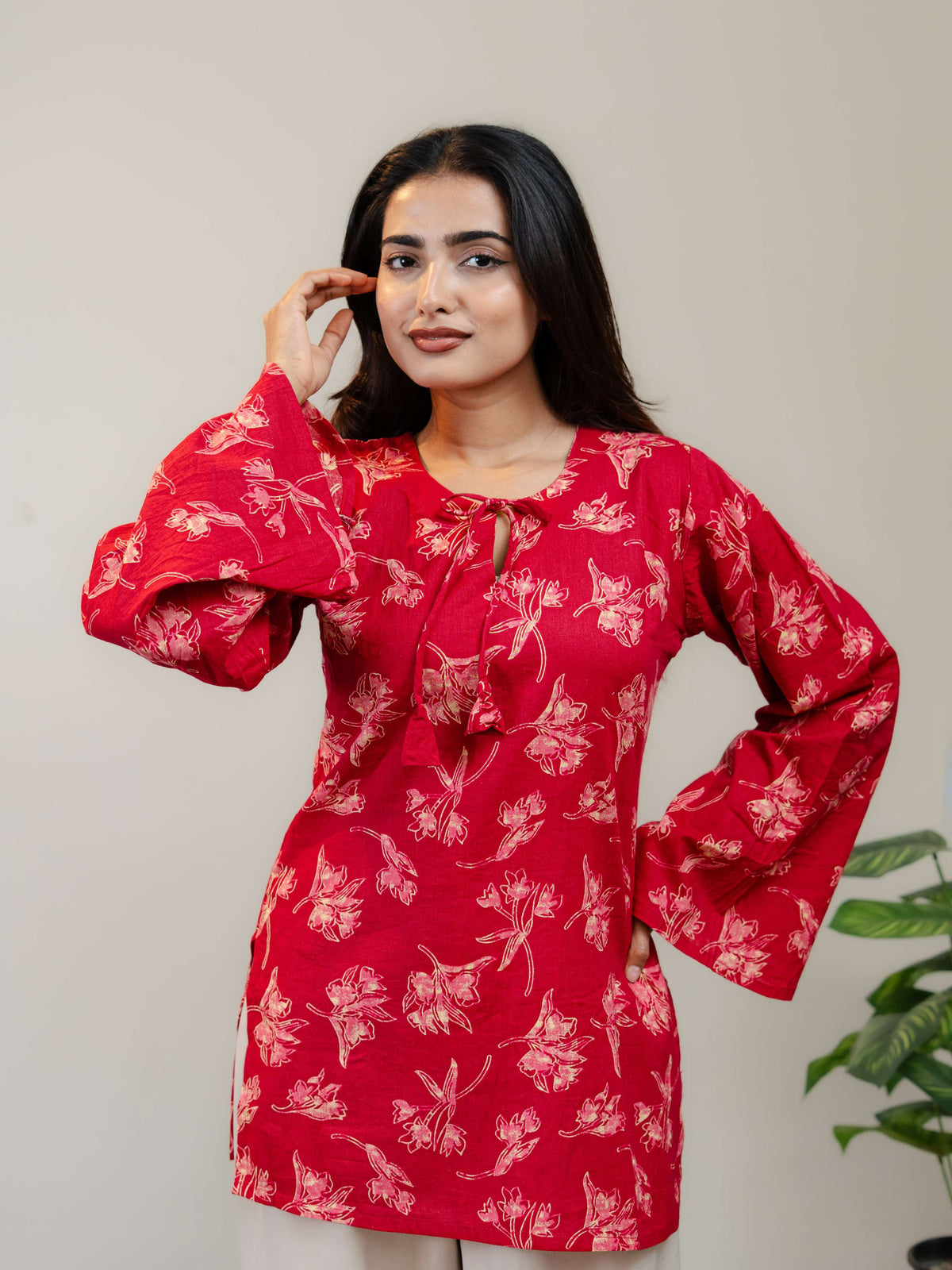 Red Floral Printed Kurti for Women with Front Tie-Up Neck & Flared Sleeves