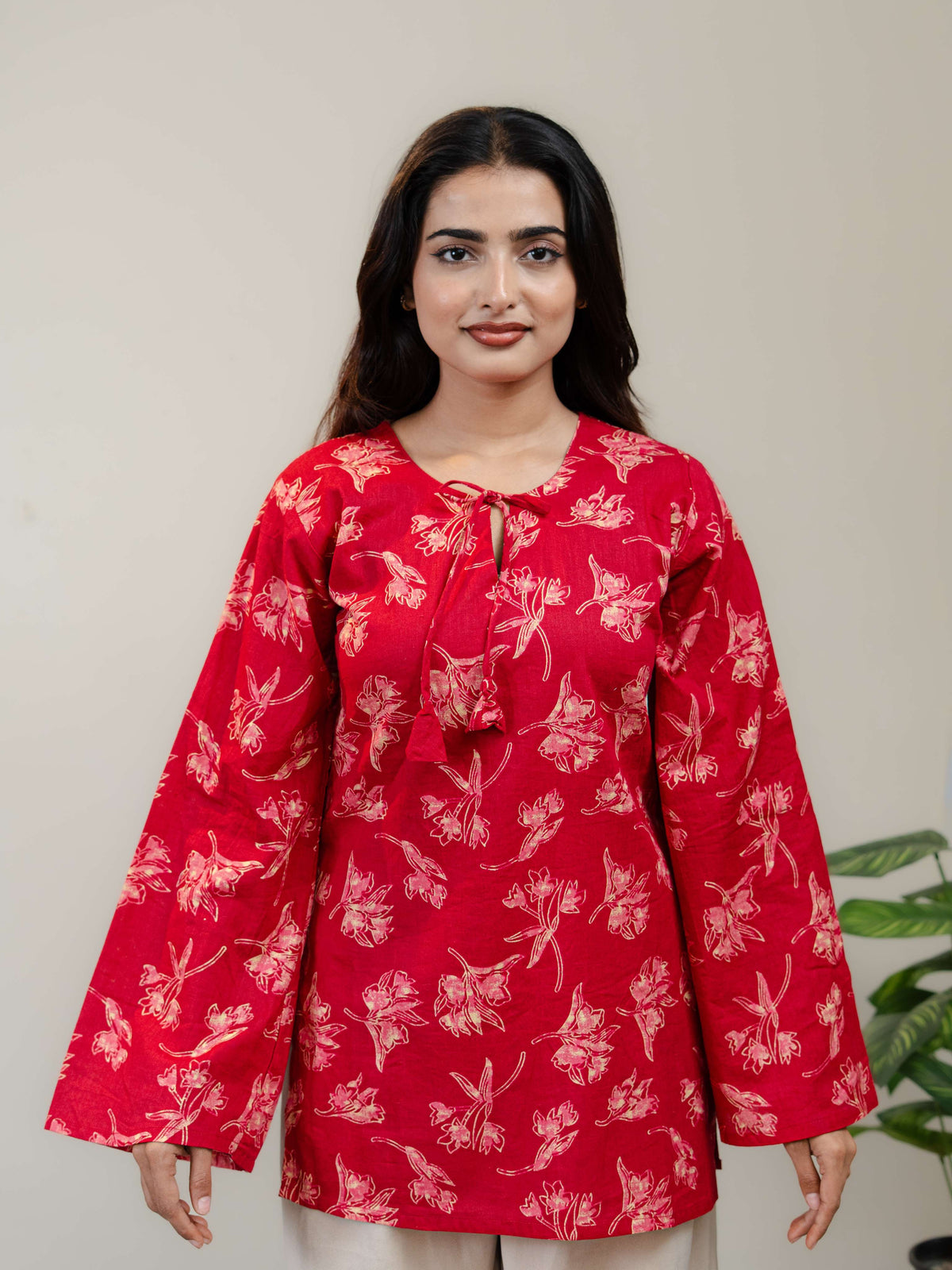 Red Floral Printed Kurti for Women with Front Tie-Up Neck & Flared Sleeves