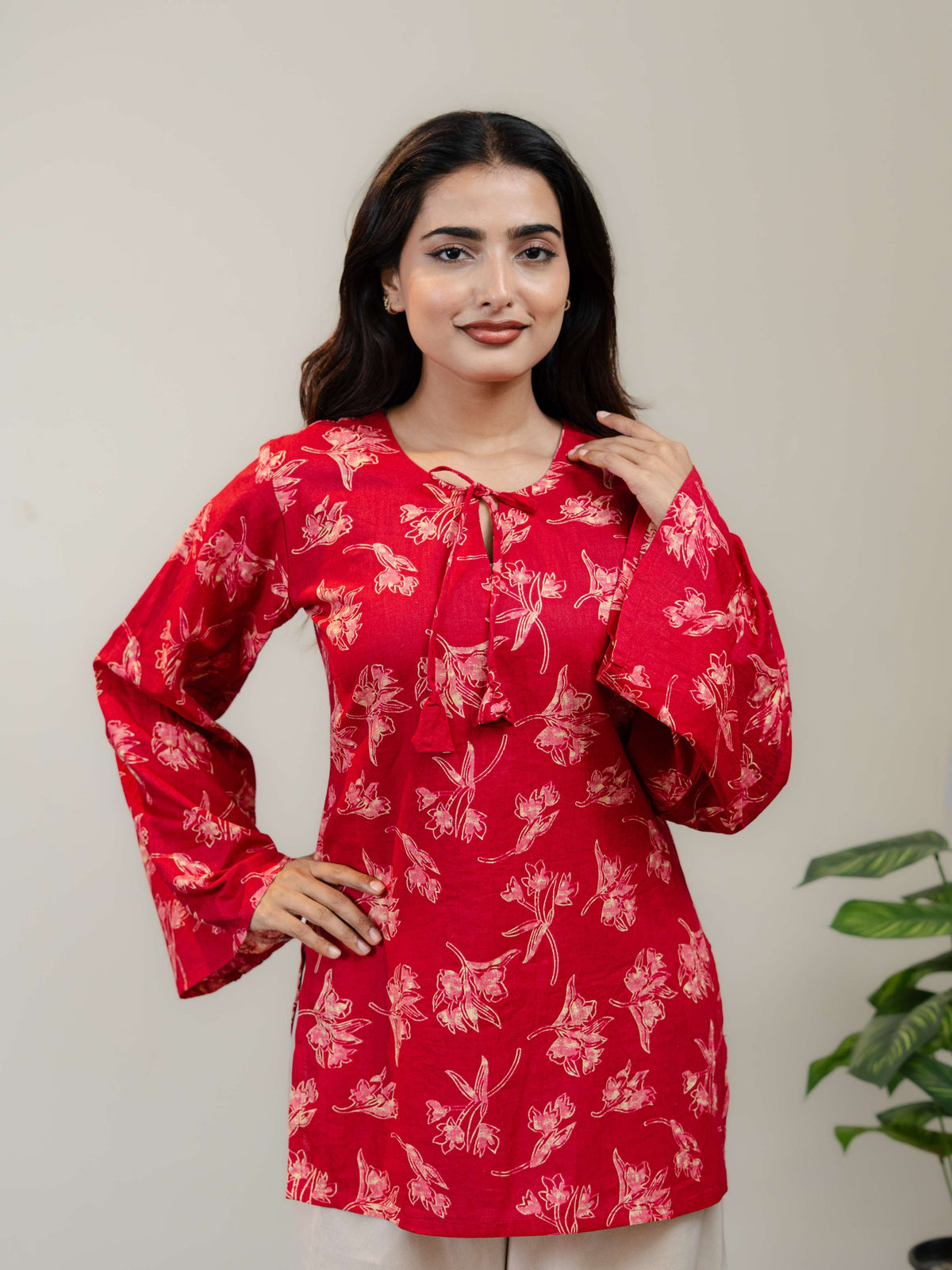 Red Floral Printed Kurti for Women with Front Tie-Up Neck & Flared Sleeves