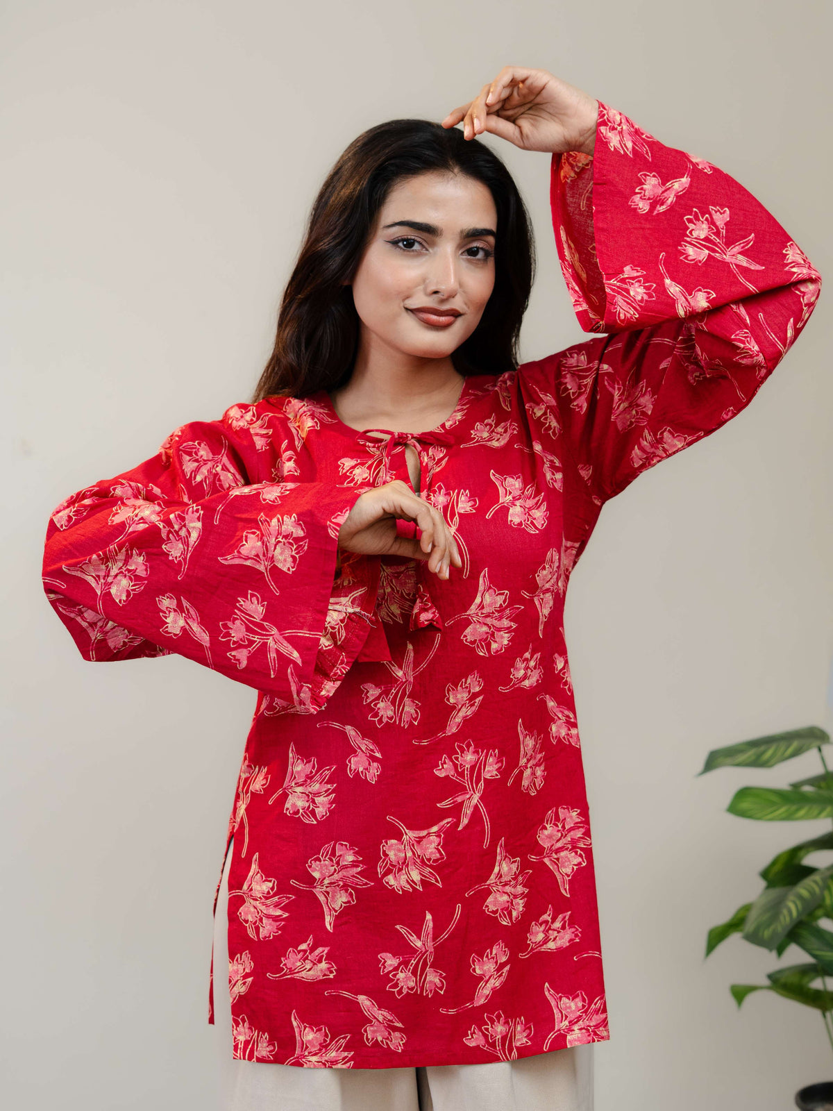 Red Floral Printed Kurti for Women with Front Tie-Up Neck & Flared Sleeves