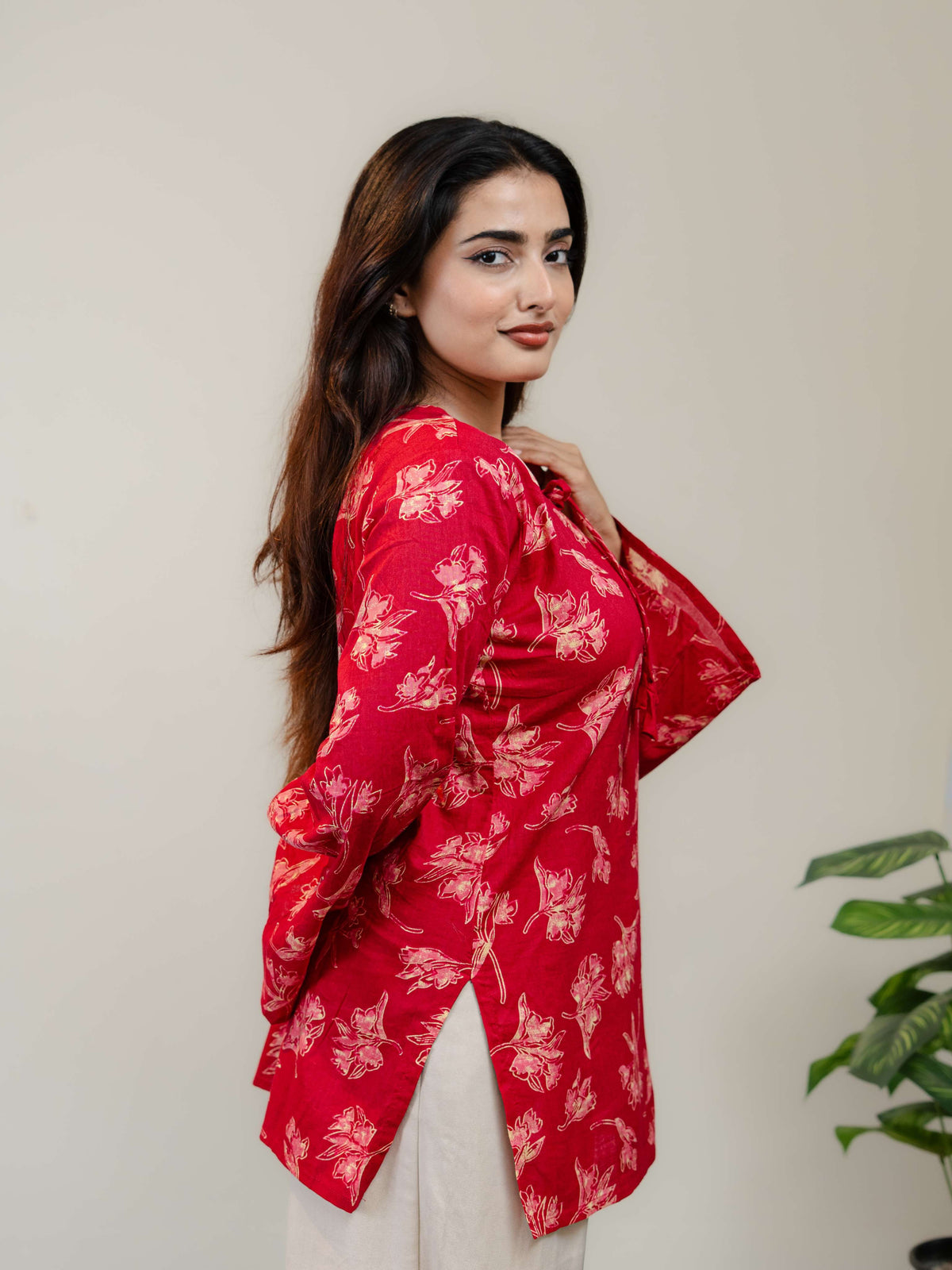 Red Floral Printed Kurti for Women with Front Tie-Up Neck & Flared Sleeves
