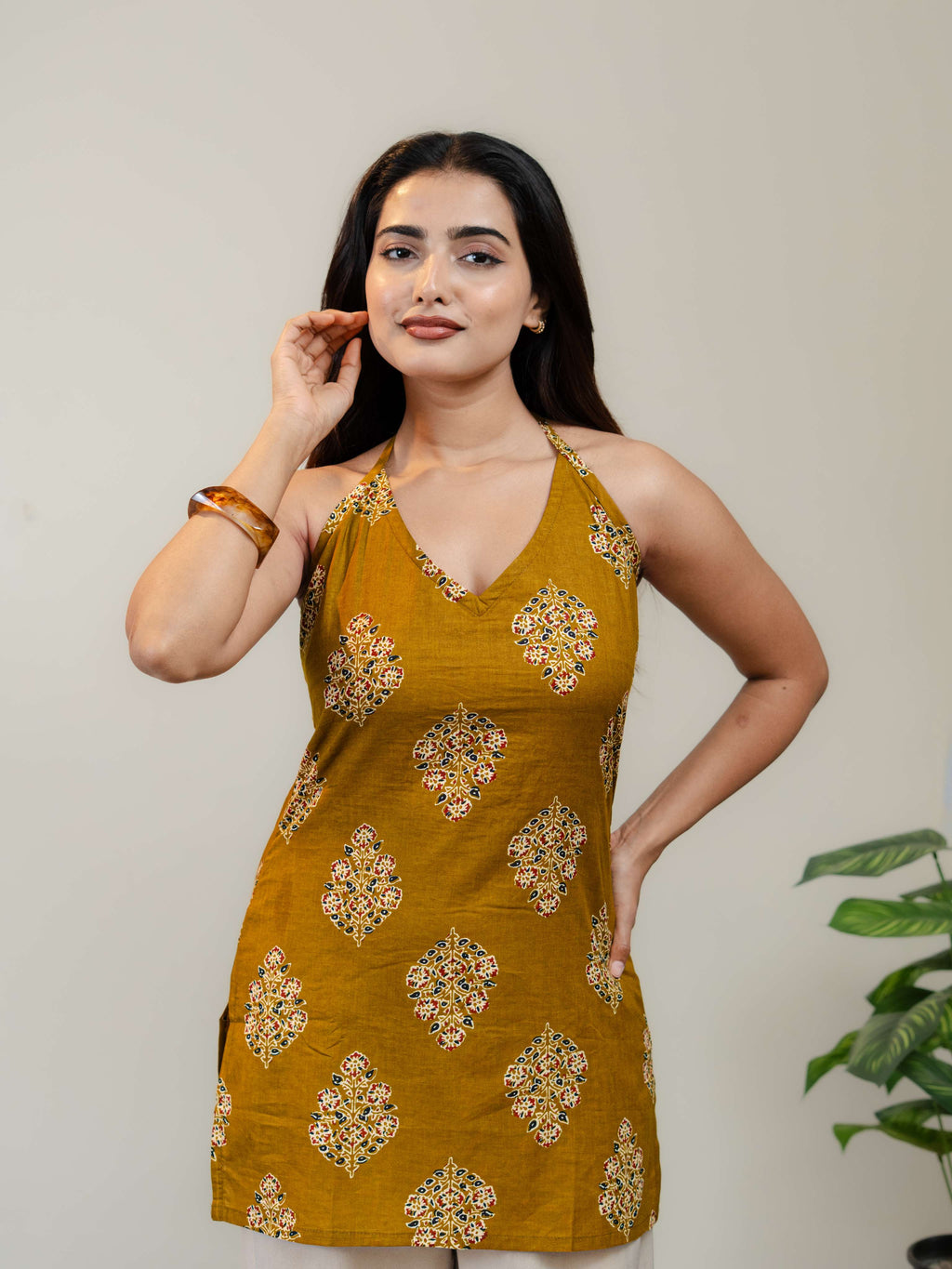 Mustard Yellow Halter Neck Printed Kurti for Women with Lace-Up Back