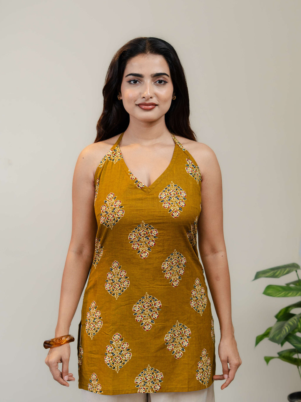 Mustard Yellow Halter Neck Printed Kurti for Women with Lace-Up Back