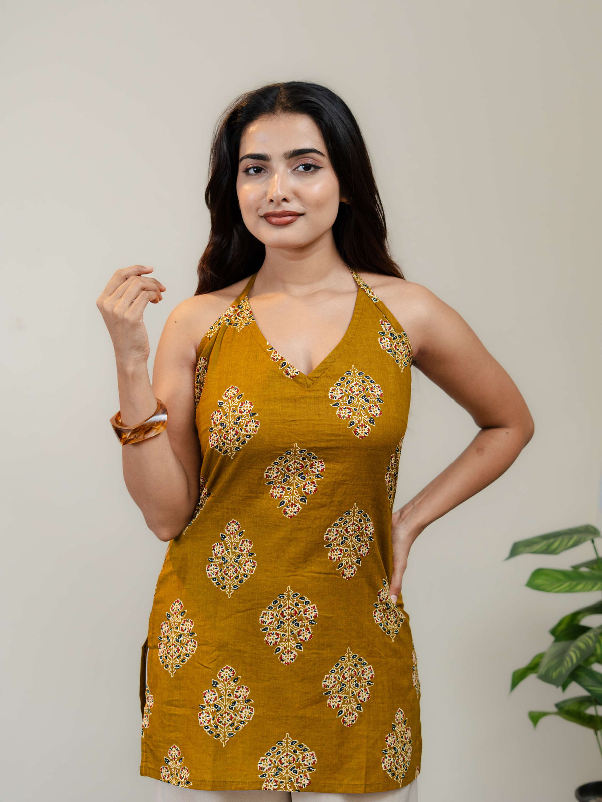 Mustard Yellow Halter Neck Printed Kurti for Women with Lace-Up Back