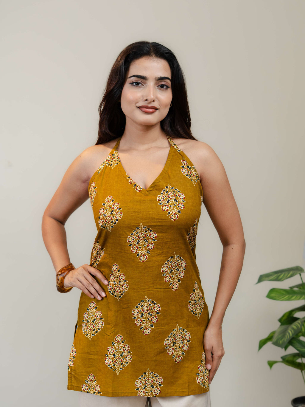 Mustard Yellow Halter Neck Printed Kurti for Women with Lace-Up Back