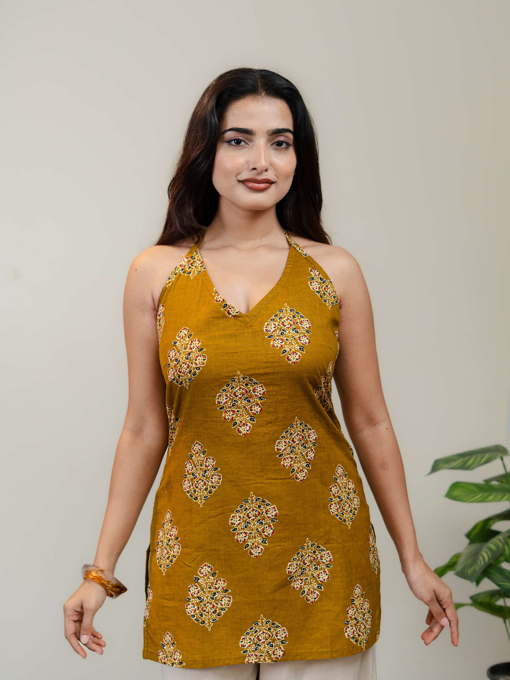 Mustard Yellow Halter Neck Printed Kurti for Women with Lace-Up Back
