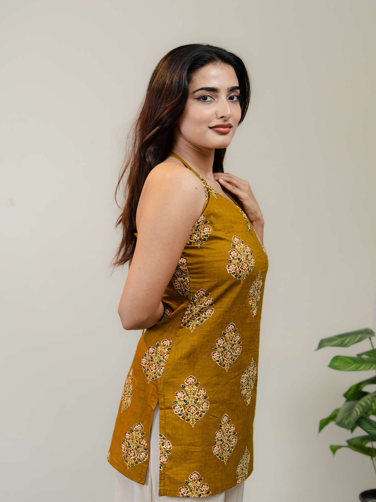 Mustard Yellow Halter Neck Printed Kurti for Women with Lace-Up Back