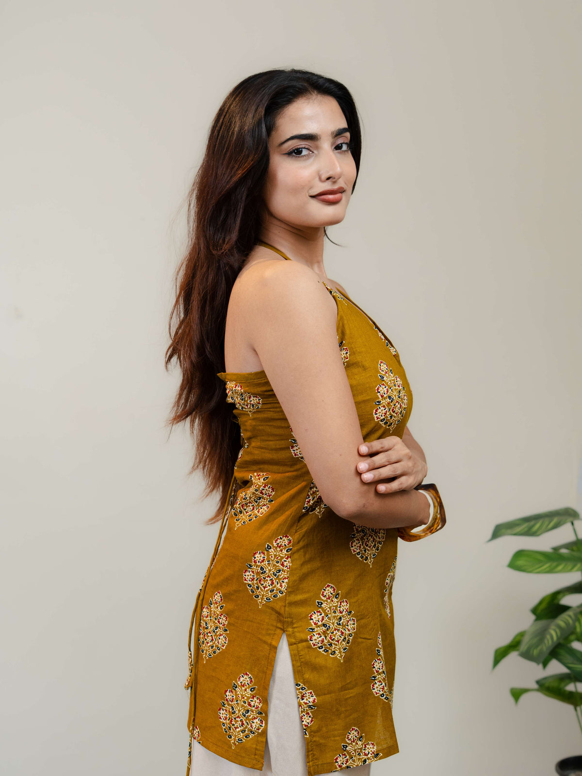 Mustard Yellow Halter Neck Printed Kurti for Women with Lace-Up Back